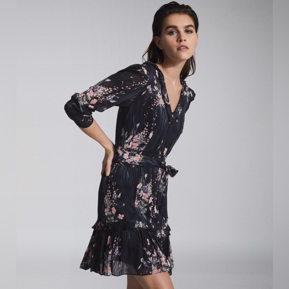 Reiss‎ Size 10 Shannon Ruffled Floral Dress Navy Print NWT